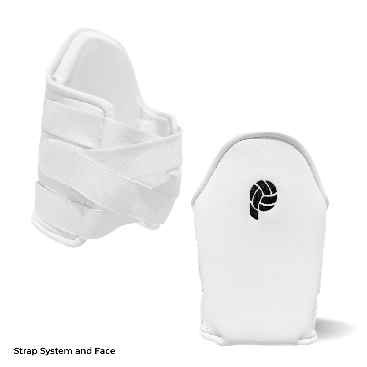 White volleyball knee pad showing strap system and embroidered logo face