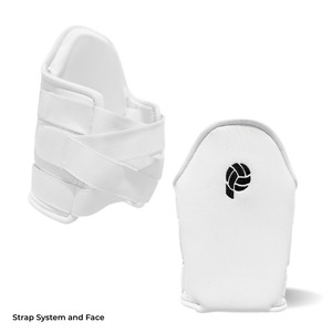 White volleyball knee pad showing strap system and embroidered logo face