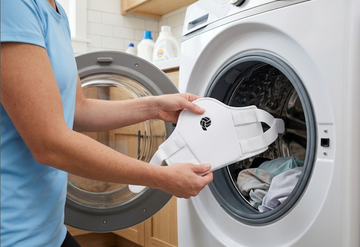Woman throws white Patella Protector volleyball knee pad into the washing machine