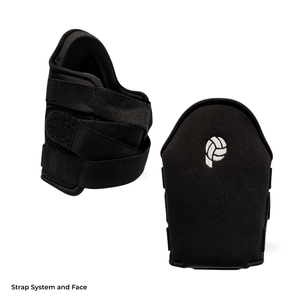 Black volleyball knee pad showing strap system and embroidered logo face